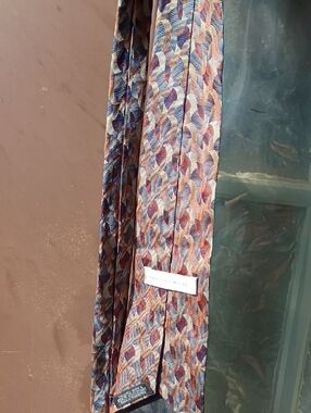 Geoffrey Beene Silk Tie in Blue, Burgundy & Tan Geometric